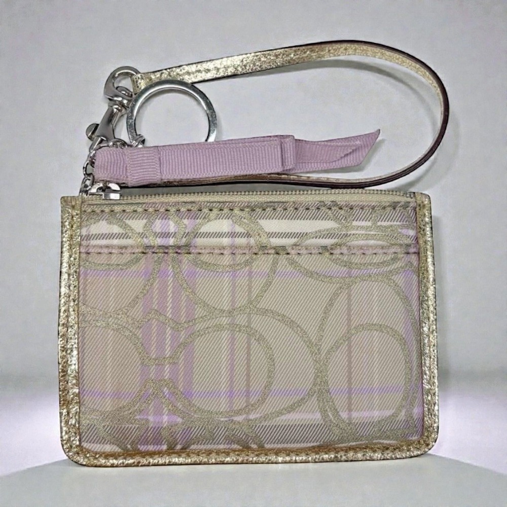 Coach F46471 SV/MC ID Coin Holder Key Chain Lavender And Gold Leather Trim